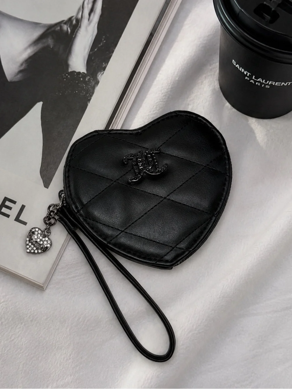 Juicy Couture Black Heart Coin Purse Wristlet Quilted Y2K Wallet Charm